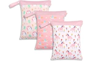 Treer 3 PCS Wet Bag Baby Cloth Diaper Bag Nappy Bag, Large Washable Reusable Hanging Double Zipper Waterproof Wet or Dry Organizer Bag for Daycare Travel Beach Pool (Pink Unicorn,30x40cm)