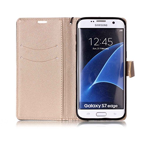 CaseHome Samsung Galaxy S7 Edge PU-Leder Etui (mit Frei HD Schirm-Schutz) Stilvoll Elegant Muster Gedruckt Entwurf Stoßfest Rutschfest Schutz Brieftasche Fall Abdeckung Schale Haut Stoßstange Magnetischer Flip Stand-Funktion mit Handschlaufe und Kreditkarten-Steckplätze Passen für Samsung Galaxy S7 Edge-Schwarz und Gold - 4