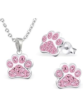 GH1a ROSA Kristall Pfötchen Pfote ANHÄNGER + KETTE + OHRSTECKER 925 Silber Kinder SET