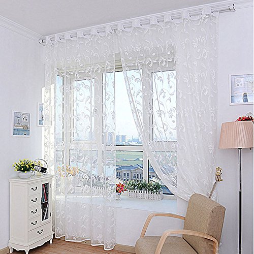 Ouneed® Gardinen , 1 PCS Mode Blumen Vorhang Garn für Schlafzimmer Rustikales bloßen Vorhang Tulle 200x100cm (Weiß) - 2