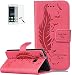 Produktbild ISENPENK Huawei P9 Lite(2016) Flip Case,Original Flip Bookstyle Cover Wasserdicht Shockproof Anti Slip Protection Leather Case,Feder Print Muster Pattern Wallet Case mit Intern Karte Schlitz,Anti-Sturz Stoßfest Stoßdämpfend Triangle Hemming Wallet Tasche,Magnetic Closure Schutzhülle mit Standfunktion und Handy Gürtel für Huawei P9 Lite(2016) 5.2Zoll-[rote]+Panzerglas Folie/Displayfoile/Displayschutzfolie