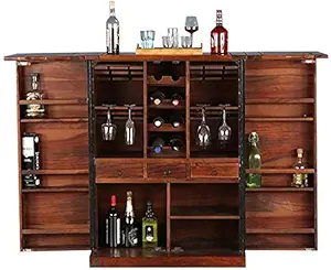 MODWAY Sheesham Wood Bar Cabinet with Wine Glass Storage for Living Room (Brown)