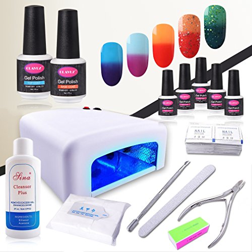 5pcs Soak Off Gel Polish Set UV LED Temperature Colour Changing Gel Polish Top and Base Coat Set 36W UV LED Nail Lamp Cleanser Plus Manicure New Starter Nail Art Tool Kit by CLAVUZ