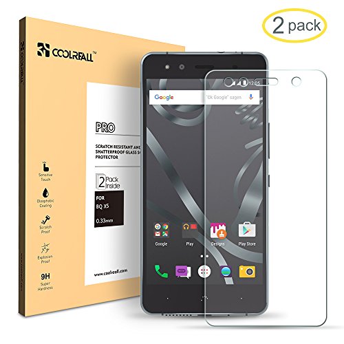 Coolreall - 2 Pack Protector de Pantalla Vidrio Cristal Templado Premium para BQ Aquaris X5  alta Definicion 0 33mm HD 