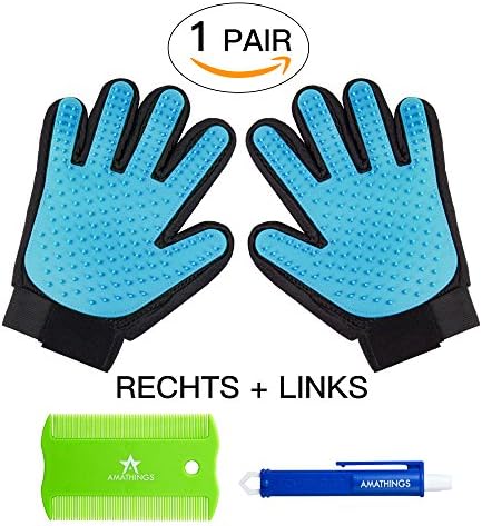 amathings Pet Coat Care Grooming Gloves for the Easy Removal of Loose Animal Hair, Massage for Dogs and Cats, with Tick Tongs and Flea Comb - 1 Pair
