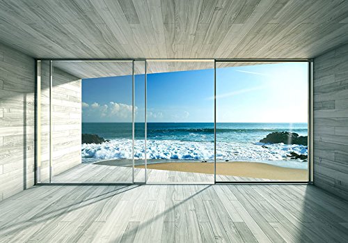 Fototapete Meer Fenster 350×245 cm – VLIES TAPETE PREMIUM – PROFI QUALITÄT – Top moderne Wanddeko – Riesen Wandbild – Top Design Tapete – Neue exklusive Edition mit noch besser Druckauflösung – Deutsches Premium Vlies – Meer See Natur Landschaft Fenster 3D Holz c-A-0084-a-c - 3