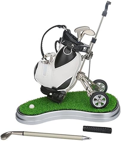Meeaja Golf Pens with Golf Bag Holder,Novelty Gifts with 3 Pieces Aluminum Pen Office Desk Golf Bag Pencil Holder for Fathers Day,Golf Souvenirs Unique Gifts For Golfer Fans Coworker (White and black)