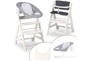 hauck Seggiolone Beta+ Newborn Set - Seggiolone Evolutivo in Legno, con Sdraietta Neonati 2in1 (Dondolo Neonati), Cuscino Seduta, Vassoio - Bianco