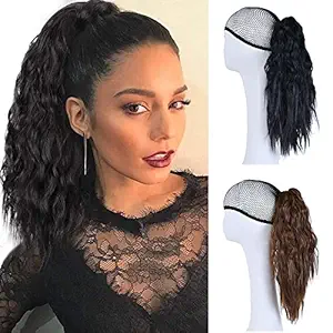 Short 15Inch Corn Wave Curly Ponytail Hiar Extension Claw Ponytails Black Brown Color for Women Synthetic Hairpieces (Caramel Brown)