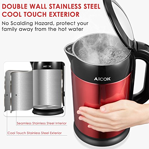 Aicok Wasserkocher, Voll Wasserkocher Edelstahl, Doppelwandig, Verbrühschutz, Auto Abschaltung, BPA frei, 2200 Watt, 1,7 Liter Rot - 3