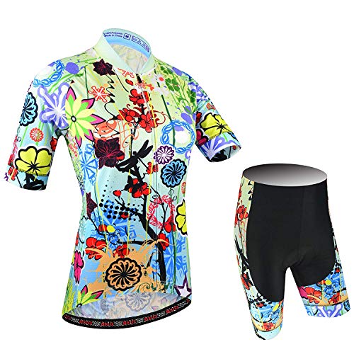 BXIO Maillot Cyclisme Femme, Maillot de Cyclisme Manches Courtes avec Cuissard à Bretelles Séchage Rapide per VTT Sports de Plein Air, Motif de Fleurs