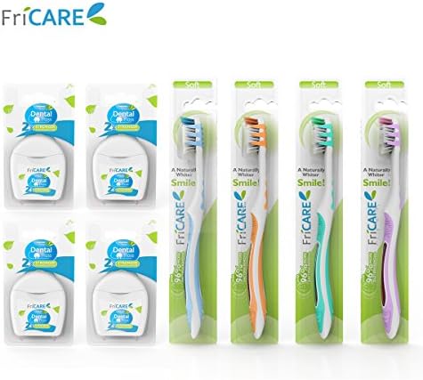 FriCARE Full Head Adult Size Manual Toothbrush (4 Counts, Assorted Colors) + Mint Waxed Dental Floss, 50m (4 packs, white)