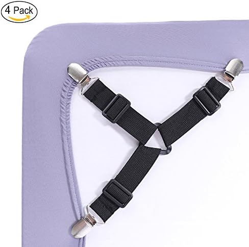 Upgraded Bed Sheet Fasteners, 4 Pack Adjustable Triangle Heavy Duty Sheet Band Straps Suspenders Corner Gripper Holder Clip for Fitted and Flat Bed Sheets, Mattress Pad Covers, Sofa Cushion - Black