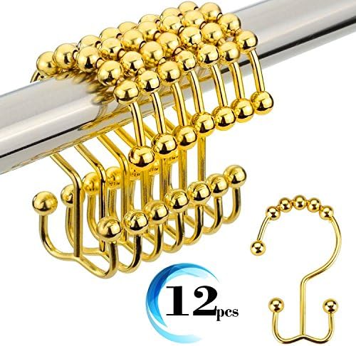 Shower Curtain Hooks, Double Shower Curtain Rings Stainless Steel Rustproof Metal Double Glide Silver Gold Dark Grey Rings Chrome for Bathroom Shower Rods Curtains, Polished Chrome, Set of 12 Hooks (Gold)