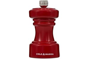 Cole & Mason Hoxton Red Gloss Salt Mill, Compact Salt Grinder with Adjustable Grind, Non Corroding Ceramic Mechanism, Beech Wood, 10cm, Seasoning Mill, Lifetime Mechanism Guarantee