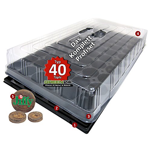PRO40+ Komplett-Set Zimmer-Gewächshaus Anzuchthaus Hydroponik XL mit Torfquelltöpfen, automatischer Bewässerung, Profi Treibhaus mit Wanne + Kapillarsystem + QP Topfplatte + Haube + Jiffy