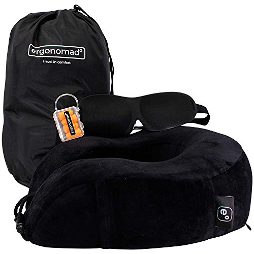 Ergonomad 100% Pure Memory Foam Travel Neck Pillow - Complete Airplane Comfort Kit With Sleep Mask, Ear Plugs and Carrier Bag - Easy to Store and Soft Velour Cover
