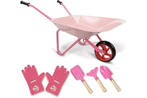 Hortem Juego de carretilla de metal para niños, 5 piezas de construcción para niños y herramientas de jardín para niños, guantes de jardinería para niños, regalos para niños (rosa)