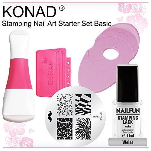 KONAD® Starter Set Basic: Double Edge Stempel zweiseitig + XL Scraper + Schablonenhalter oval + Schablone m98 + NAILFUN Stamping Lack weiss 11ml