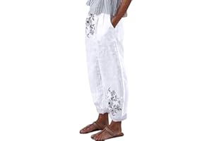 SUNNYUK Pantalones Mujer Verano Frescos Talla Grande Lino de Algodón Cintura Alta Pierna Ancha Baggy Suelto Pantalón Largo Ligeros Pantalón de Chándal Suave y Cómodo Yoga Pants Danza Pilates