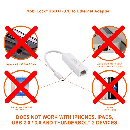 Mobi Lock USB-C (3.1) Ethernet LAN Netzwerkadapter Gigabit Kompatibel (Geeignet für Gigabit-Netzwerke 10/100/1000 MBit) – Kompatibel mit Apple MacBook (2016), Chromebook Pixel 2 und Allen Anderen USB-C (3.1) Unterstützte Laptops und Computer - 5