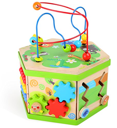 Motorikwürfel Safari aus Holz, vielfältige Spielerlebnisse auf sieben Spielflächen, mit Motorikschleife, Schiebespiel und Rechenschieber, für kleine Entdecker ab 3 Jahren - 3