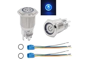 GTIWUNG 2Pcs 16 mm Druckknopfschalter mit Drahtsockelstecker, LED Beleuchtet Drucktaster, Metall Druckschalter Druckknopf, 12V Selbsthaltender Schalter, LED-Taster Ein-Ausschalter für Auto KFZ Blau