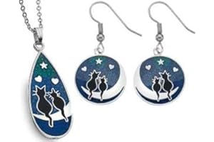 SEA GEMS Cat & Moon Enamel Teardrop Necklace & Earrings Set