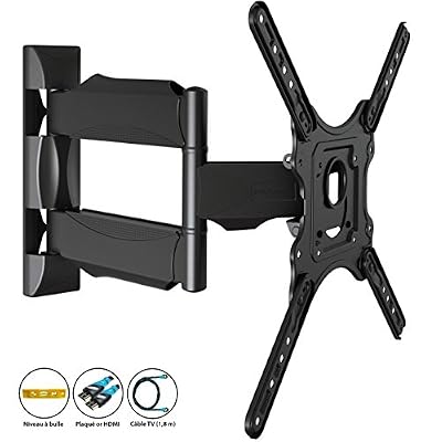 Invision® Fixation murale pour le support d’une TV ultrafine avec système d’inclinaison et de pivot – pour les écrans DEL, LCD, plasma et incurvés de 24 à 55 pouces – Câble HDMI 1.8m (HDTV-E)