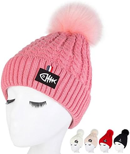 Womens Faux Fur pompom Beanie chunky soft cable Winter Knitted hat , pink