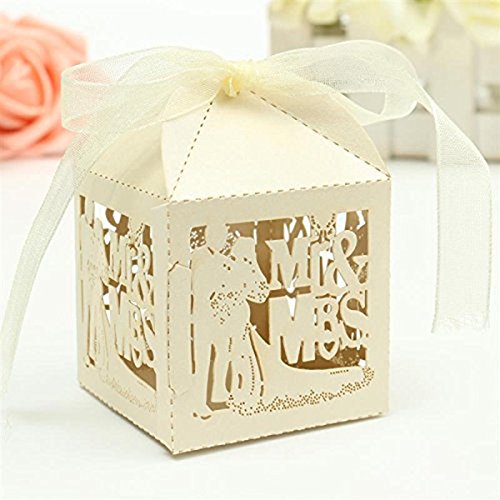 ULTNICE 50 Stück hohl Süßigkeiten Geschenke Boxen für Hochzeit Mitbringsel Dekor mit Ribbon, Beige - 2