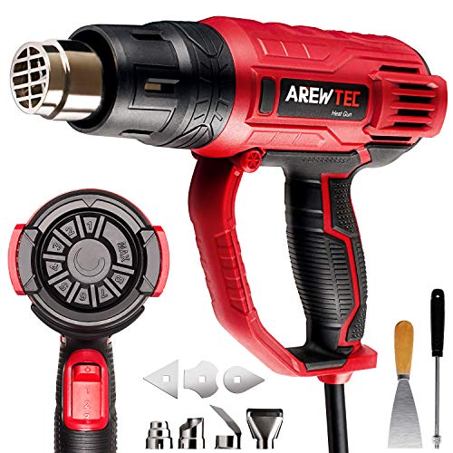 Pistola de Aire Caliente, AREWTEC 2000W Decapadora Professional, Temperatura Ajustable 60~600?, Velocidad del Viento (300-500L/min), 9 Acesorios para Raspar la Pintura, Deformar Tubos y Encoger PVC
