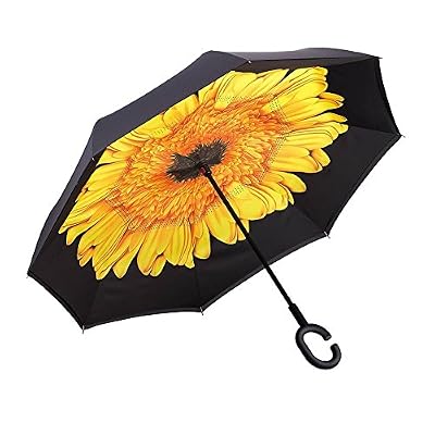 La French Boutique Parapluie inversée Fleur Jaune double couche résistant et coupe vent poignet ergonomique en C pour main libre pratique pour les voitures et les petites surfaces