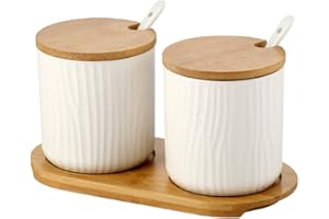 OnePine Set di 2 Zuccheriera, Zuccheriera in Ceramica Rotonda con Coperchio e Cucchiaio, Design Elegante, per Casa e Cucina