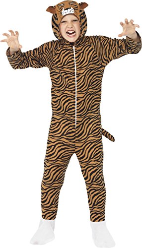 Smiffys Children's Unisex All In One Tiger Costume, Jumpsuit with Hood, Party Animals, SIze:M, Colour: Orange and Black, 27991
