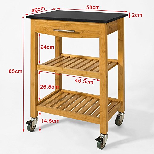 SoBuy® Servierwagen, Küchenwagen, Küchenregal aus Bambus mit Granitarbeitsplatte;B58xT40xH85cm,FKW28-SCH - 2