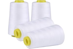 TOKISO Kit de 4 Bobines de Fil à Coudre en Polyester Blanc - 3000 Mètres (3000 Yards) Chacune - Pour Machines à Coudre et Surjeteuses