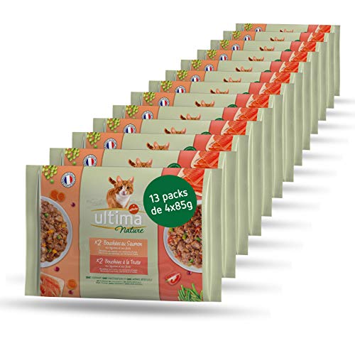 Ultima Nature Comida Húmeda para Gatos con Salmón y Trucha, 13 Multipacks de 4 x 85 g, Total: 4.4 kg