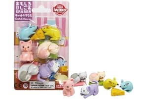 Iwako Lot de Gomme Kawaii Puzzle Chat et Souris - Gommes Fantaisie Made in Japan - Mini Gomme Animaux - Gommes Enfant Dès 3 ans - Fournitures Scolaires Kawaii