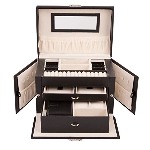 TRESKO® Schmuckkästchen Uhrenschatulle Uhrenbox Schmuckschatulle Schmucketui Schmuckbox mit Mini-Schmuckkasten für die Handtasche aus Kunstleder in schwarz, 17 Fächer, Tragegriff