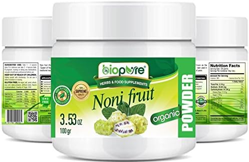 myBioPure ORGANIC NONI FRUIT POWDER. 100% Pure Natural RAW Gluten Free, Raw, Non-GMO. SUPER FOODS. For Health, Baking, Beauty, Cooking and Dietary Supplement. 3.53 oz - 100 G.