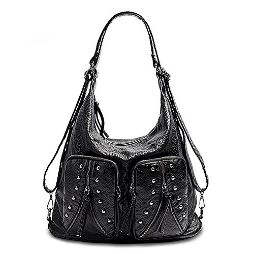 Preisvergleich Produktbild UTO Damen PU Leder Schultertasche Convertible RUCKSÄCKE Rivet Studded Reißverschluss Pockets Hobo Purse