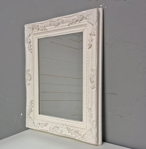 elbmöbel Spiegel klein in weiß antik mit Patina | Wandspiegel barock aus Holz | im Landhausstil als Badspiegel | Schminkspiegel bzw. Frisierspiegel für das Landhaus (45 x 35cm) - 3