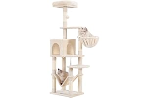 Hey-Brother Arbre à Chat Stable de 154 cm avec Corde en sisal, hamac, Panier, Maison et Plateforme, Beige EMPJ050M