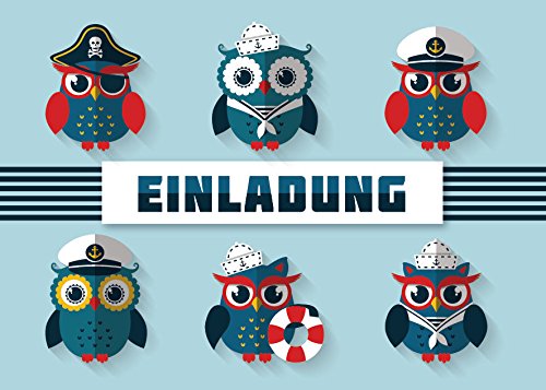 12 Einladungskarten zum Kindergeburtstag Piraten Party/ Einladungen zum Geburtstag "Eulen-Piraten" für Jungen und Mädchen