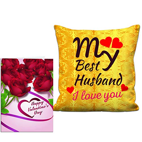 Aart Store My Best Husband I Love You Valentine Combo Gift Pack 12X12 Printed Cushion Cover with Filler, Greeting Card Gift for Friendship Day, Valentine Day,Birthday,Anniversary