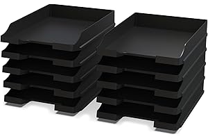 PORTENTUM Detectalia Set de 20x Bandejas portadocumentos tamaño A4 Negro - Organizador Escritorio apilable - Bandeja plástico para Oficina - Archivador Papeles - Cestas de Correo - 35x25x5,2 cm