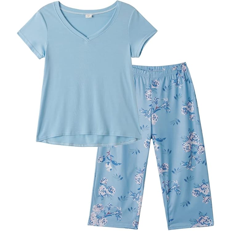 YIJIU Women's Soft Cat Print Pajama Set - Short Sleeve Top & Capri Pants | Green Cat Pattern | Size Small - View #9