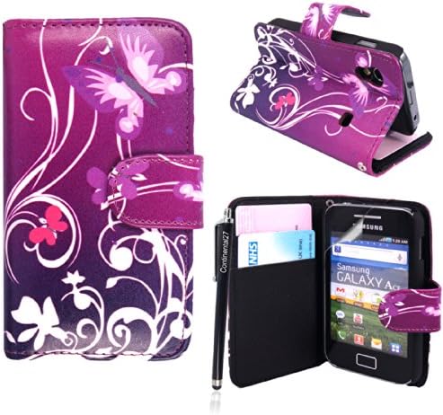 CONTINENTAL27 For Samsung Galaxy Ace S5830 / S5839i New Stylish Printed Design ULTRA BUTTERFLY ON PURPLE Side Opening Wallet PU Leather In-Built Card/Money Slots, Magnetic Closure Flip Case Cover Pouch + FREE STYLUS PEN &amp; SCREEN PROTECTOR