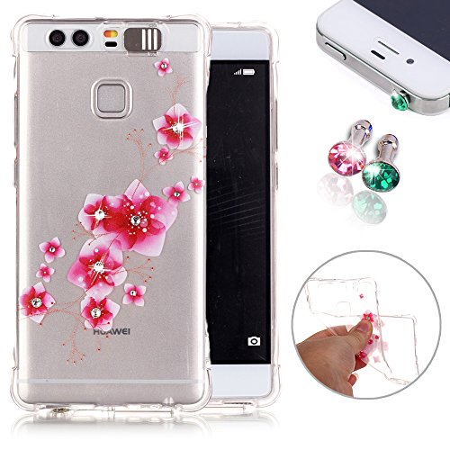 Preisvergleich Produktbild Huawei P9 Hülle,Huawei P9 Schutzhülle,Huawei P9 Silikonhülle,Pershoo Mode Rot Blumen Bling Diamant Muster LED Flash Blink Licht Crystal Kirstall Clear Durchsichtig Bumper Tasche Hülle Case Cover Fall-Abdeckung Etui TPU Schale für Huawei P9 + 2x Glitzer Diamant Rhinestone Staub Stecker-Red Flowers